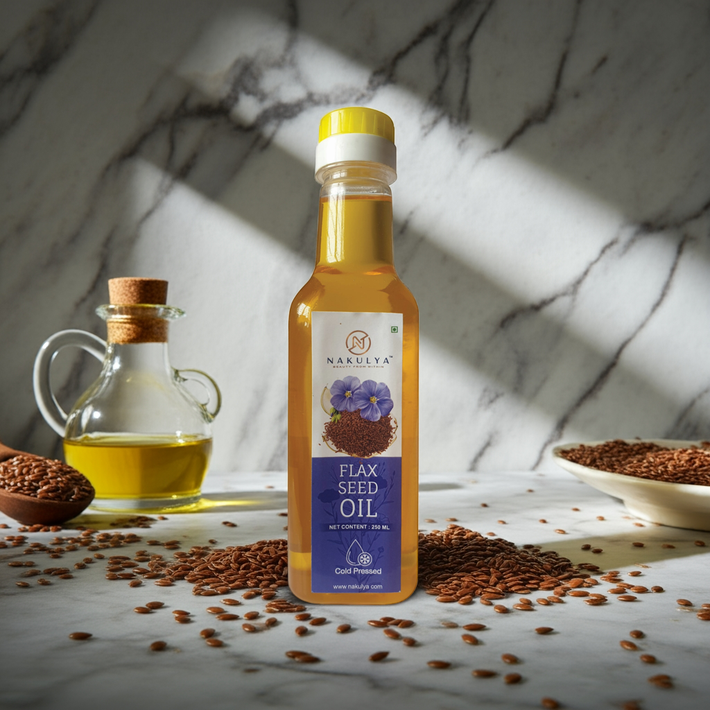 Nakulya cold pressed flaxseed oil bottle