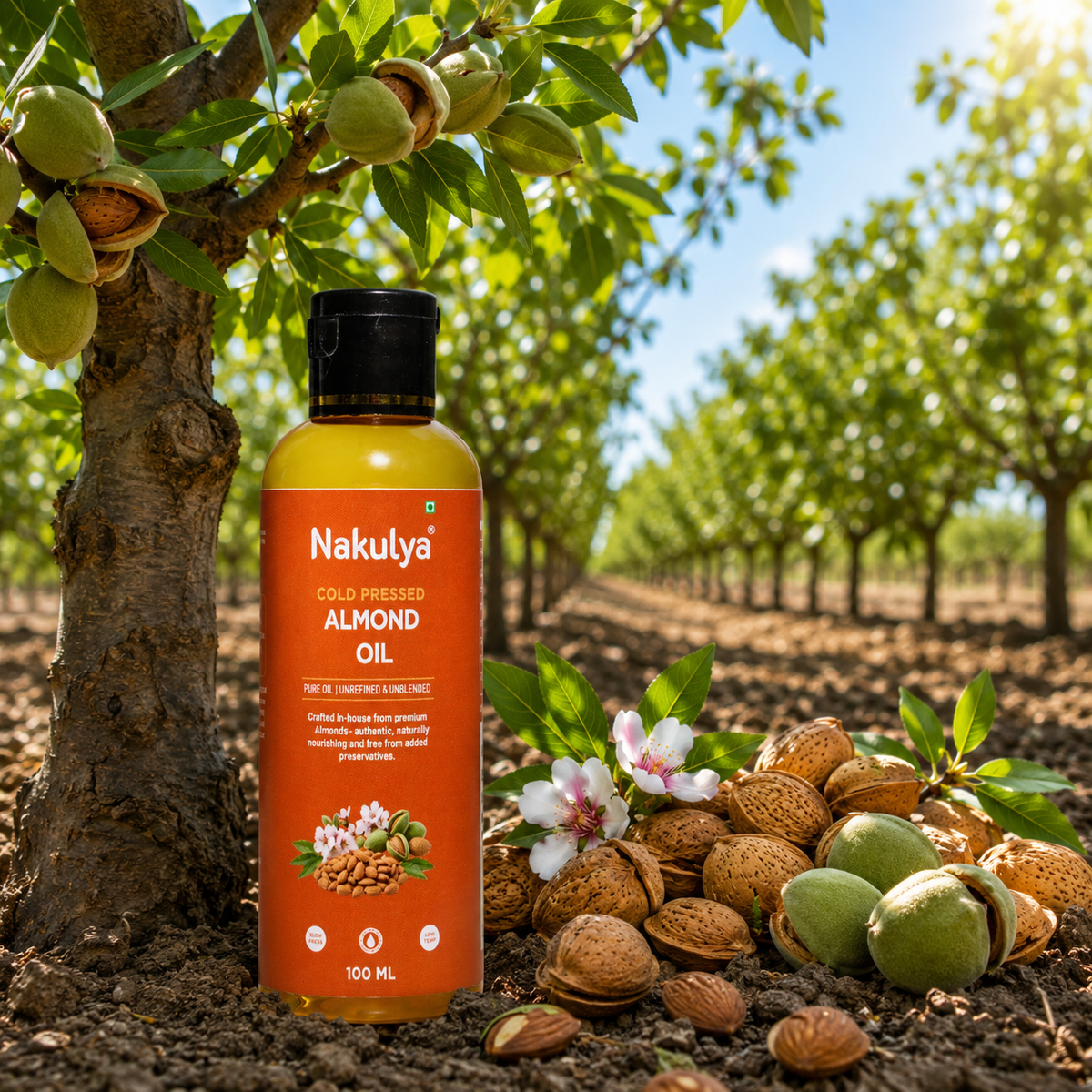 nakulya cold pressed almond oil bottle in the almond farm
