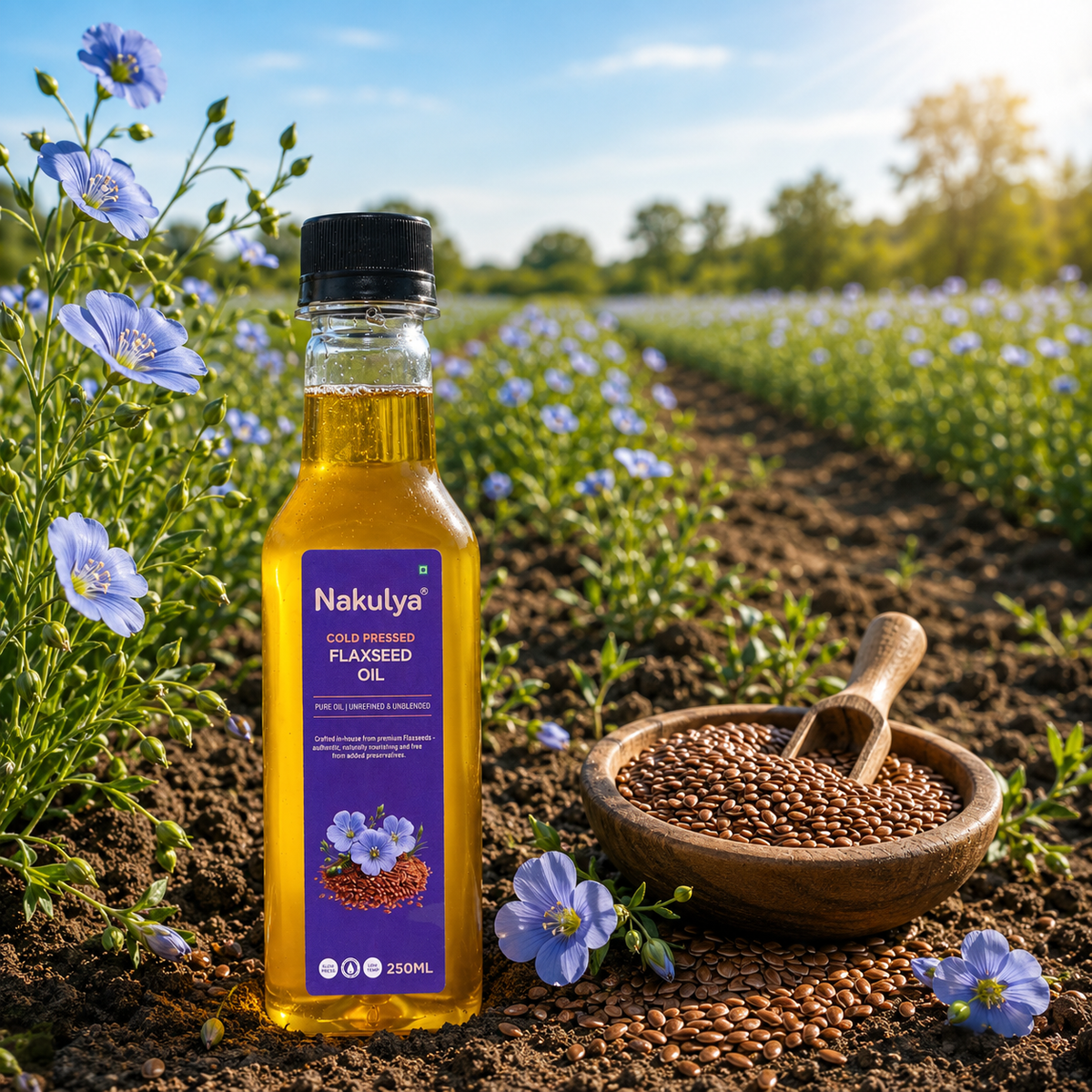 Nakulya cold pressed flaxseed oil bottle in the flaxseed farm