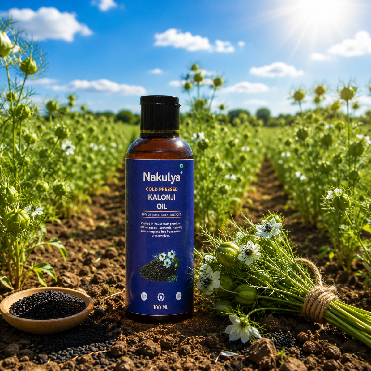 nakulya cold pressed kalonji oil bottle in the kalonji seed crop fields
