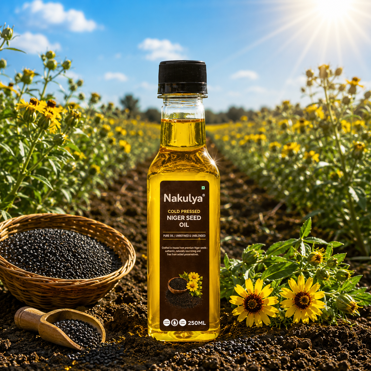 nakulya cold pressed niger seed oil bottle in the nigerseed farm