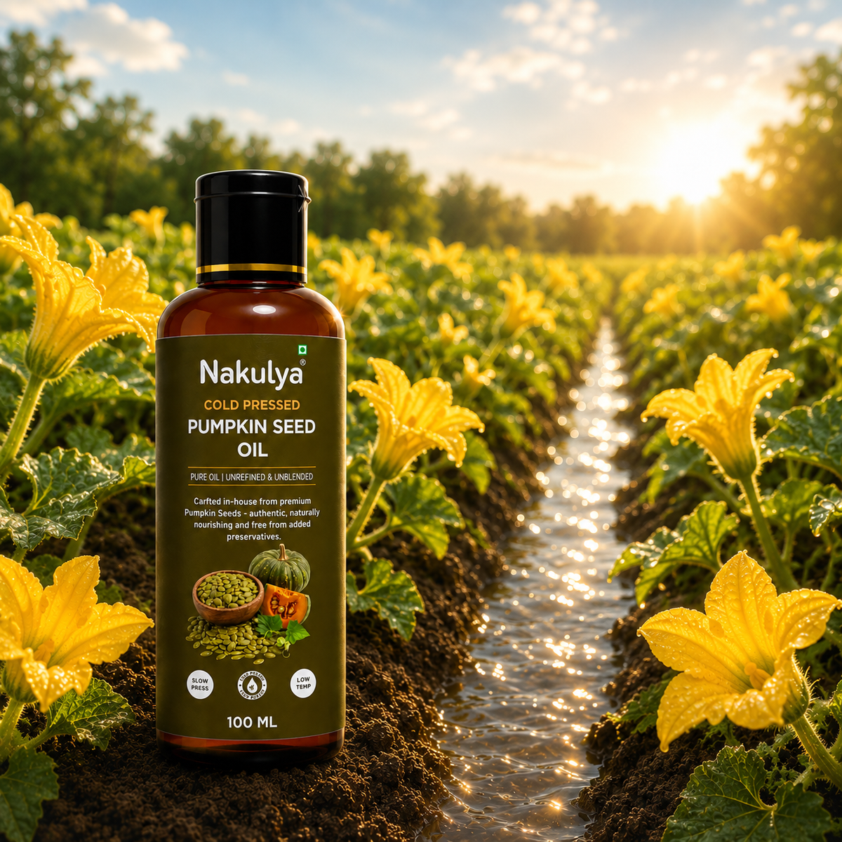 nakulya cold pressed pumpkin seed oil 100 ml PET bottle in the farm with pumpkin flowers
