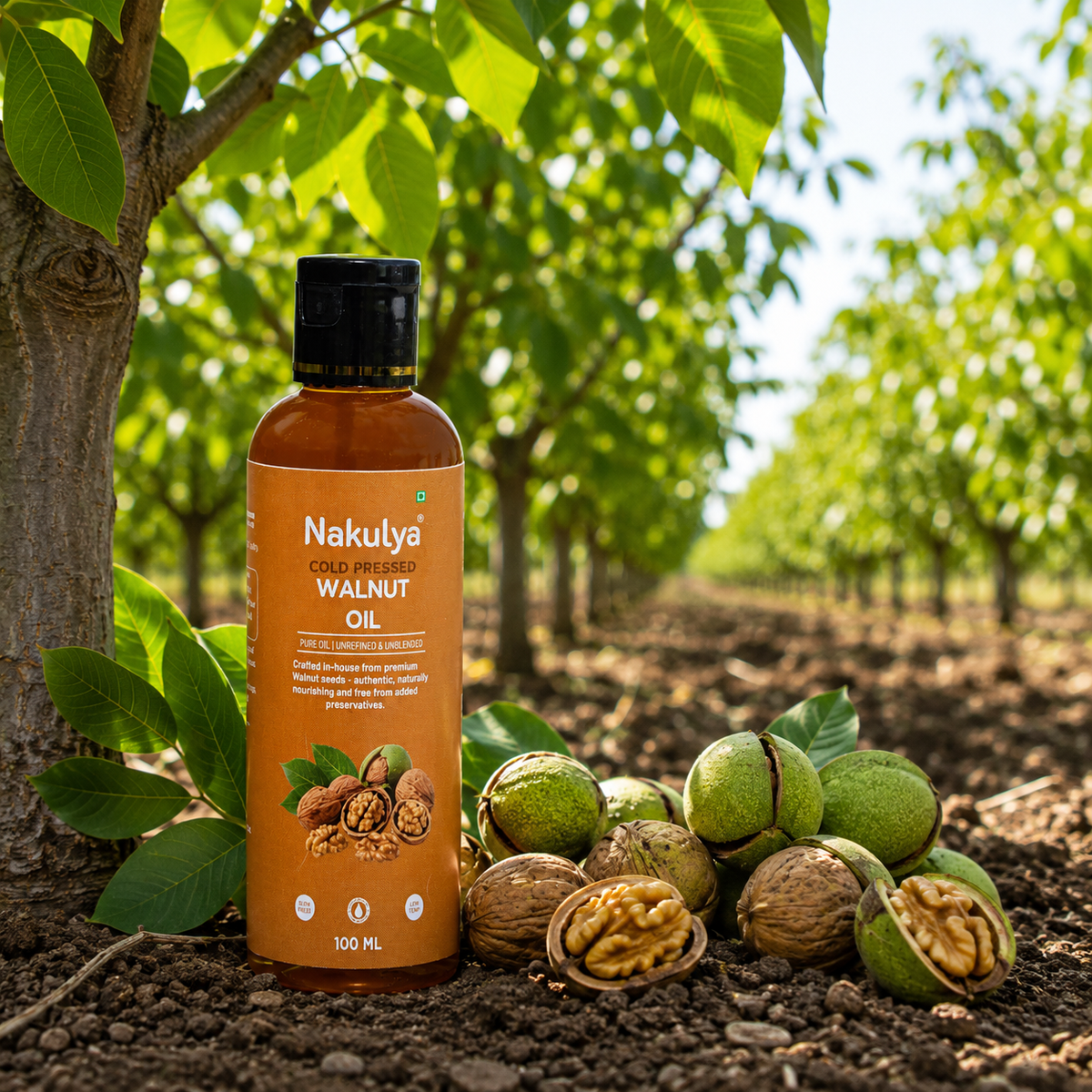 nakulya cold pressed walnut oil bottle in the walnut farm