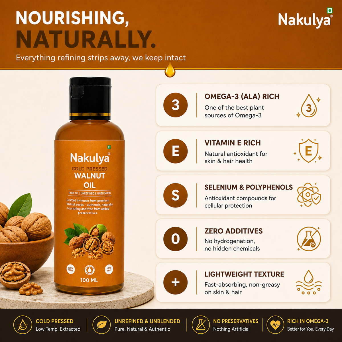 Nakulya Cold Pressed Walnut Oil, 100 ml, 100% Pure, Natural, Unrefined Edible Oil-3