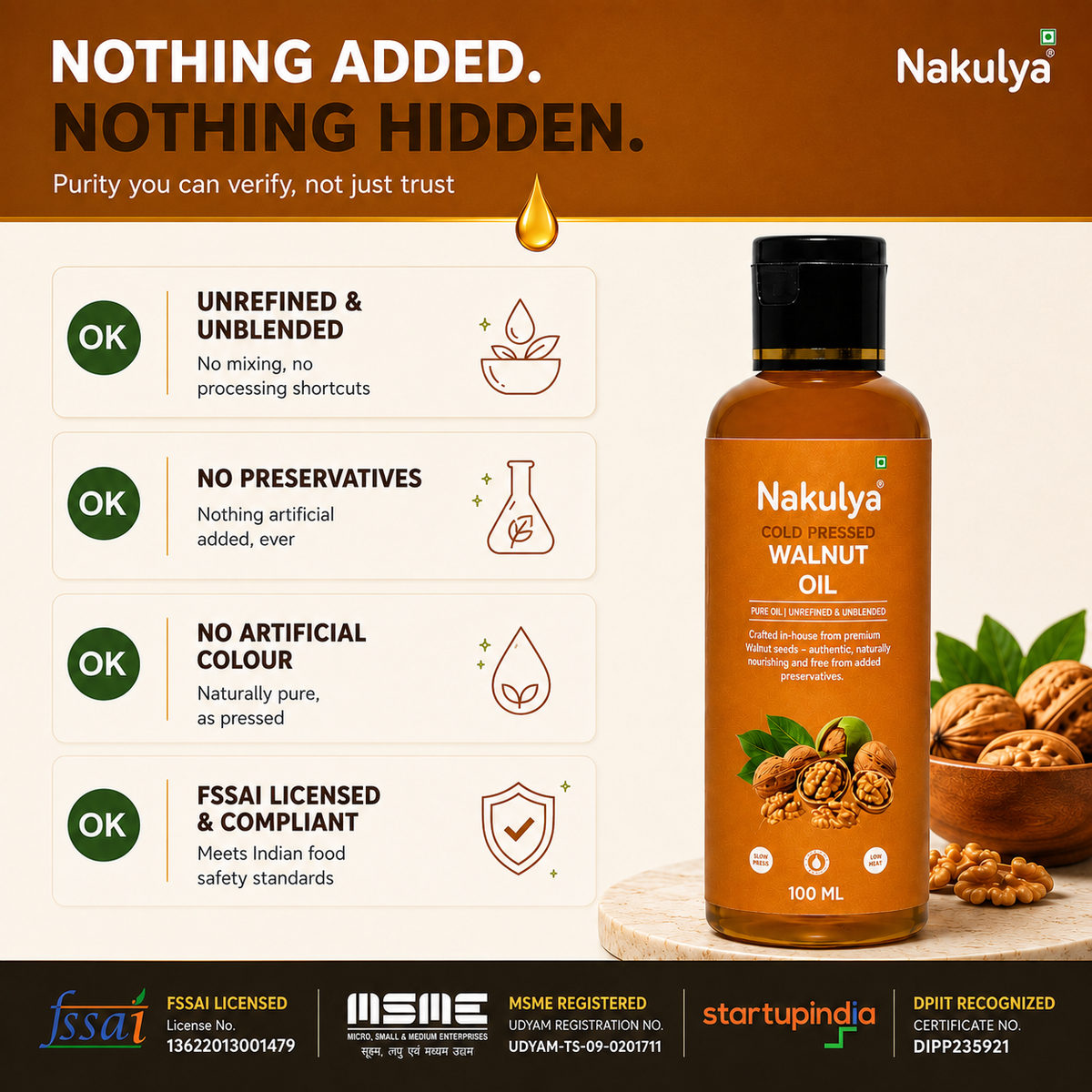 Nakulya Cold Pressed Walnut Oil, 100 ml, 100% Pure, Natural, Unrefined Edible Oil-4