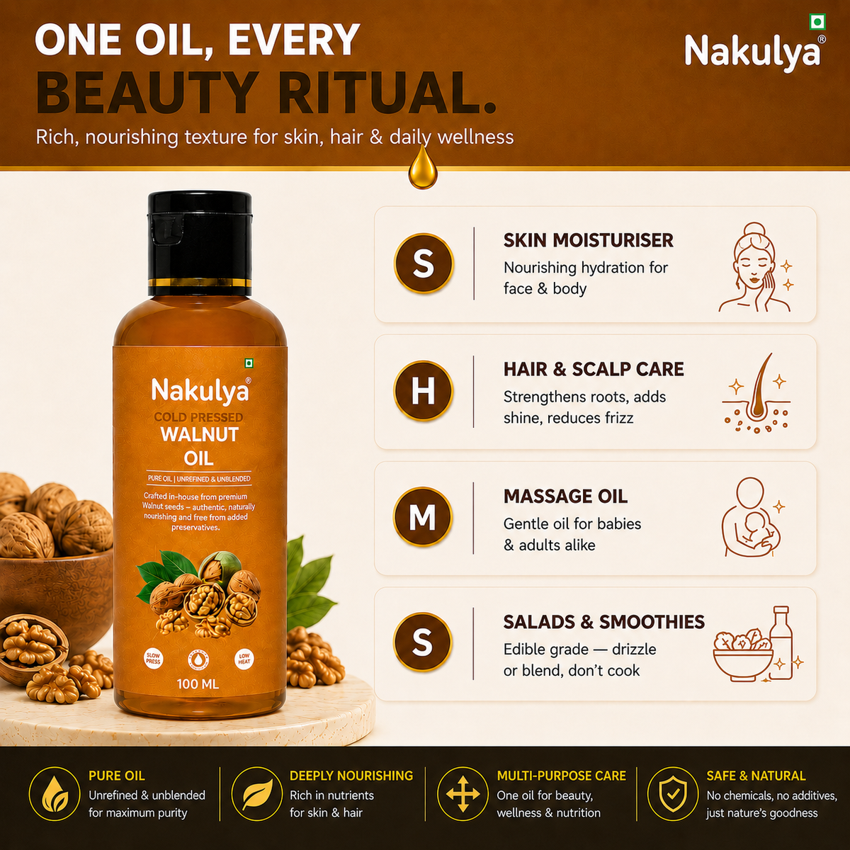Nakulya Cold Pressed Walnut Oil, 100 ml, 100% Pure, Natural, Unrefined Edible Oil-6