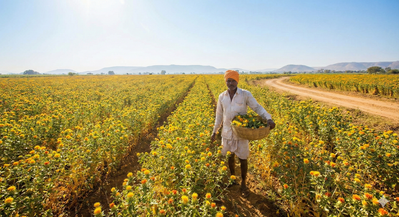 Beautiful safflower field with vibrant yellow and orange flowers